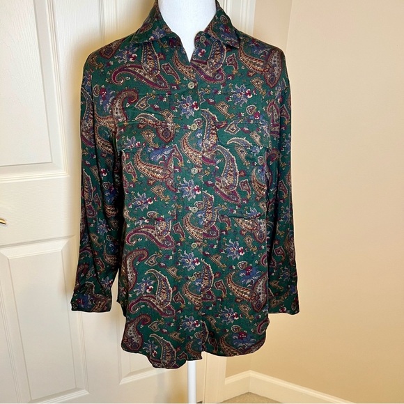 Vintage Paisley Lands End Button Down Shirt Size 6 Dark Academia Rayon/Wool - Picture 1 of 8
